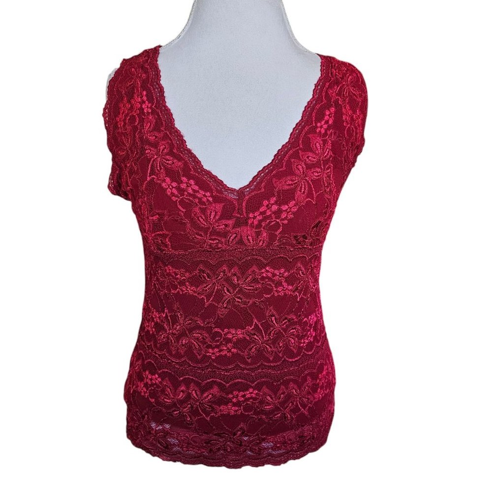 Y2K Womens Dark Red Lace Babydoll Tank Blouse Top Shirt Sz M Lined Stretchy
